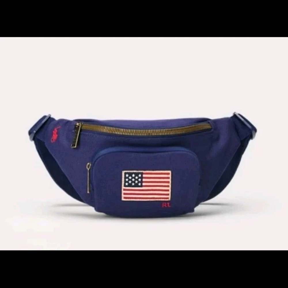 Polo Ralph Lauren Fanny Pack Waist Pack Navy Blue US Flag Patch 3 Pocket - NWT - Picture 2 of 13
